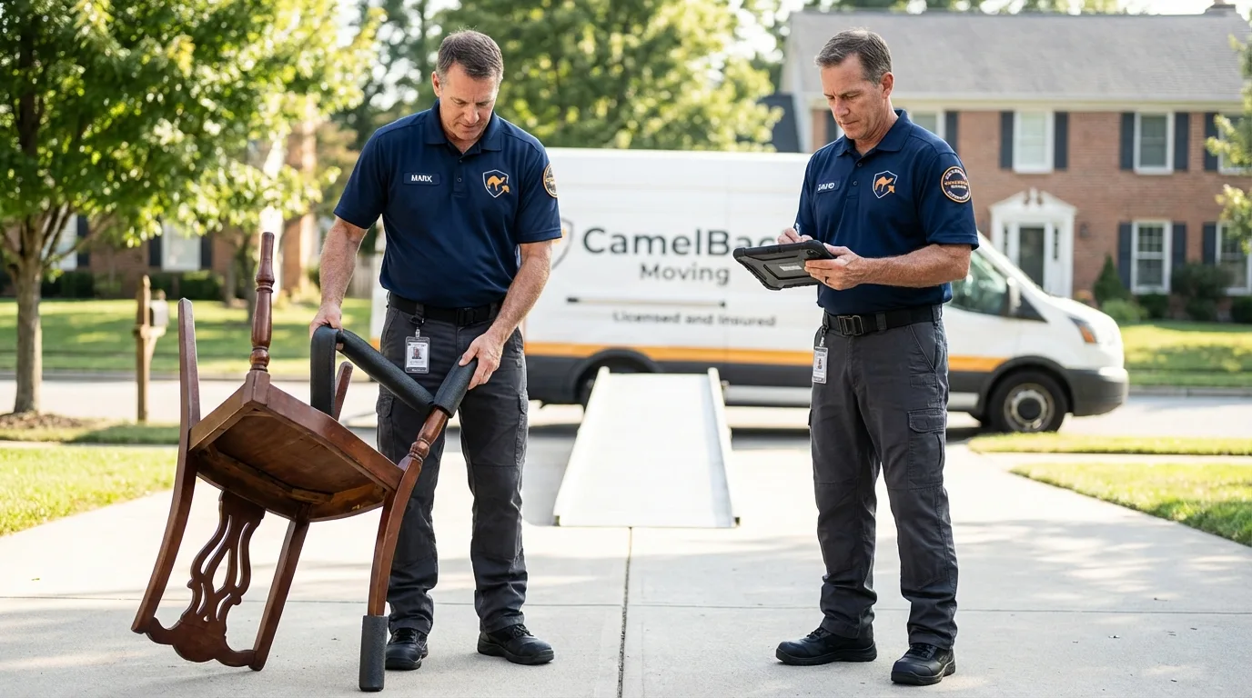 Movers inspecting furniture for damage prevention before loading in Oneida, WI