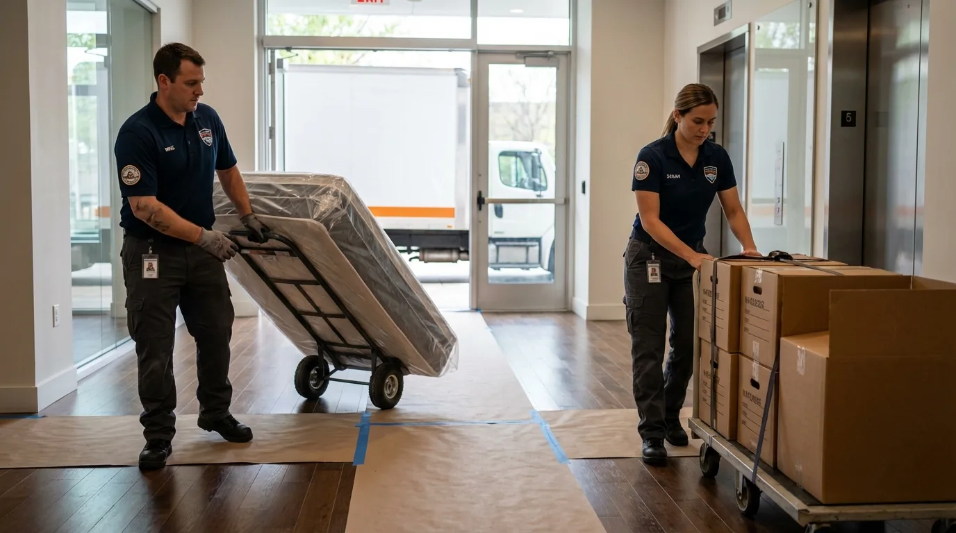 Professional apartment movers loading elevator in Oneida, WI