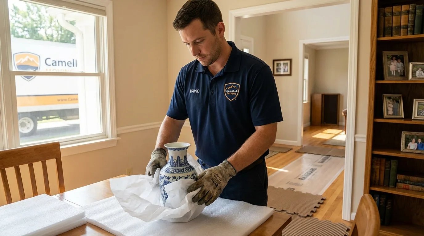 Professional crew carefully wrapping antique vase for senior downsizing move in Oneida, WI